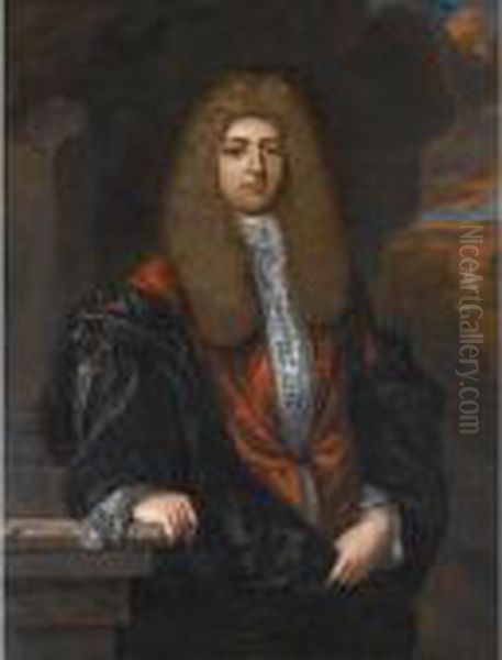 Portrait Of A Gentleman, 
Three-quarter Length, Wearing A Red Jacket And Standing In A Landscape Oil Painting by Regnier de La Haye