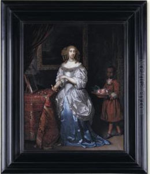 An Interior With A Young Lady In
 A Blue And White Satin Dress, Standing By A Dressing Table With A Page 
Carrying A Bowl Of Peaches Oil Painting by Regnier de La Haye