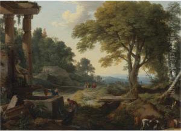 Landscape With Two Women At A 
Fountain, A Herd Of Cows At A Streamand Travellers On Horseback Oil Painting by Laurent De La Hyre