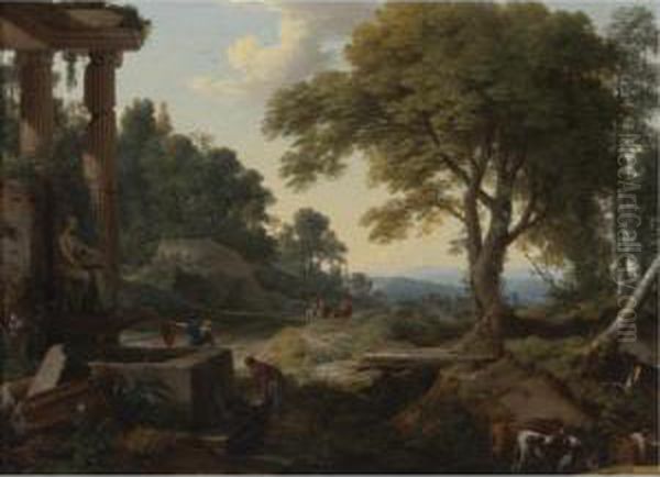 Landscape With Two Women At A 
Fountain, A Herd Of Cows At A Stream And Travelers On Horseback Oil Painting by Laurent De La Hyre