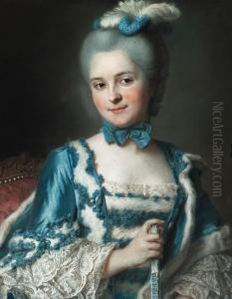 Portrait Of Madame Cailloux 
Bust-length, Wearing A Blue Dress Andholding A Fan, Seated On A Louis Xv
 Chair Oil Painting by Maurice Quentin de La Tour