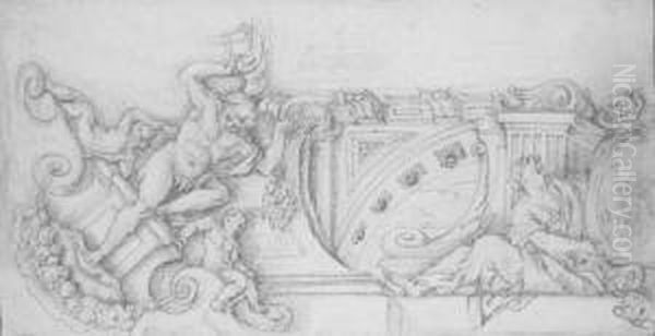 Projet De Voussure De Plafond: 
Un Atlante Soutenant Une Corniche Etune Femme Drapee Tenant Un Medaillon Oil Painting by Charles de Lafosse