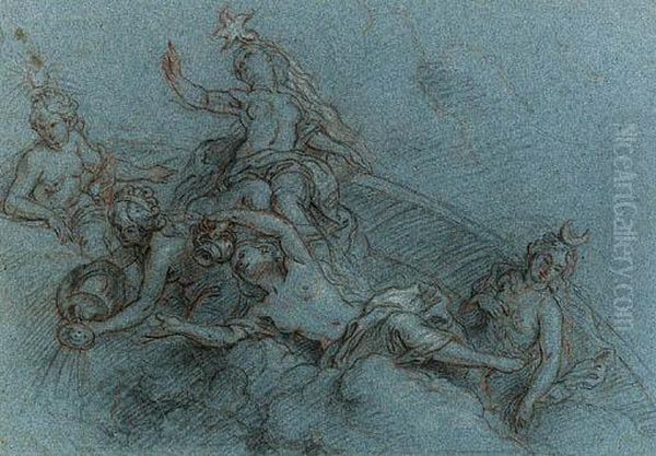 Diana, Aurora And Another Figure
 With Two Horae Pouring Dew, Thezodiacal Arc In The Background Oil Painting by Charles de Lafosse