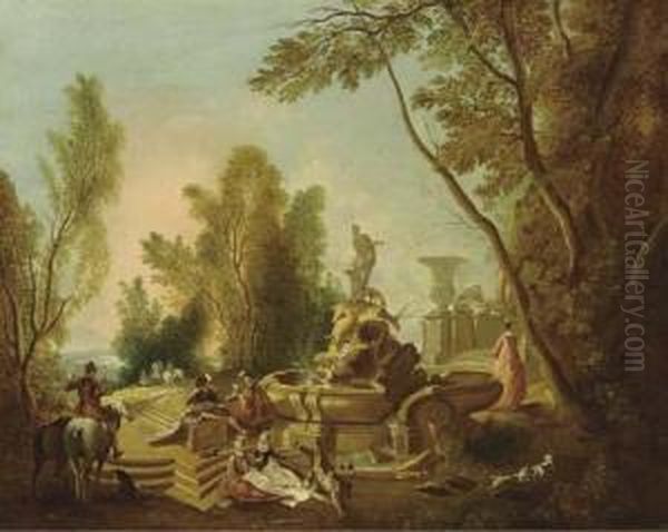 Elegant Company Making Music And
 Resting Near A Sculpted Fountain Of Diana In A Park Landscape Oil Painting by Jacques de Lajoue