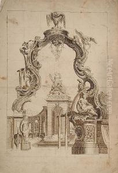 View, Within A Rococo Cartouche, Of A Fantasy Courtyard With A Colonnade Surmounted By 
 Seated On A Fountain: Design For An Allegorical Frontispiece Oil Painting by Jacques de Lajoue