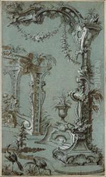 A Rocaille Fantasy With A Garden
 Decorated With A Rococo Trellis, A Fountain With Two Dolphins In The 
Background And Two Herons In The Foreground Oil Painting by Jacques de Lajoue