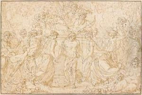 Fete De Pan Avec Silene
 Plume Et Encre Brune Sur Traits De Crayon Noir, Lavis Brun Oil Painting by Louis-Felix De Larue