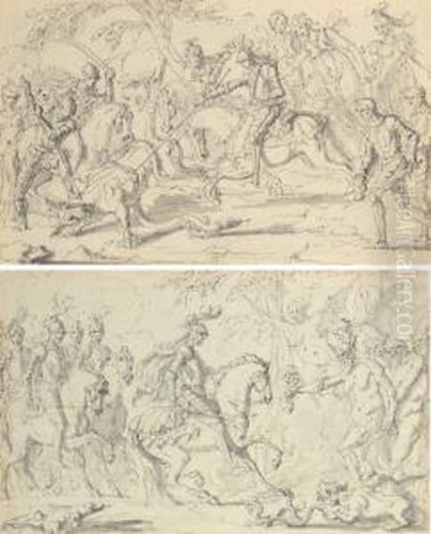 A Band Of Christian Knights 
Slaying A Dragon; And A Band Of Christian Knights Confronted By Harpies 
And Demons Oil Painting by Louis-Felix De Larue