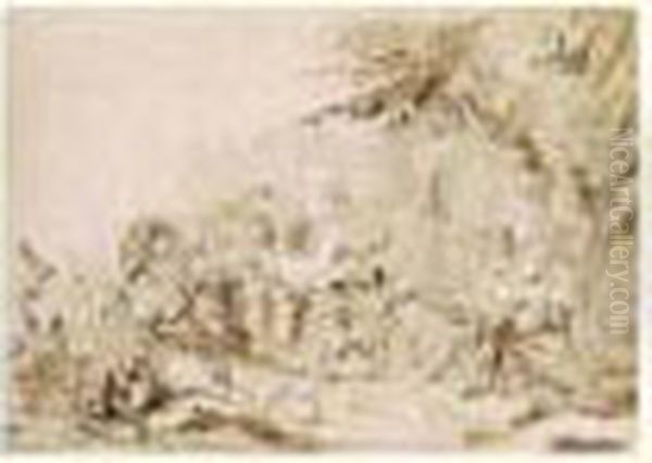 Scene De Bacchanale : A Gauche 
Des Faunes Enleve Une Femme ; A Droite, Au Dessus D'un Enchevetrement De
 Corps, Des Faunes Attirent Une Femme Sur Un Tertre. Oil Painting by Louis-Felix De Larue