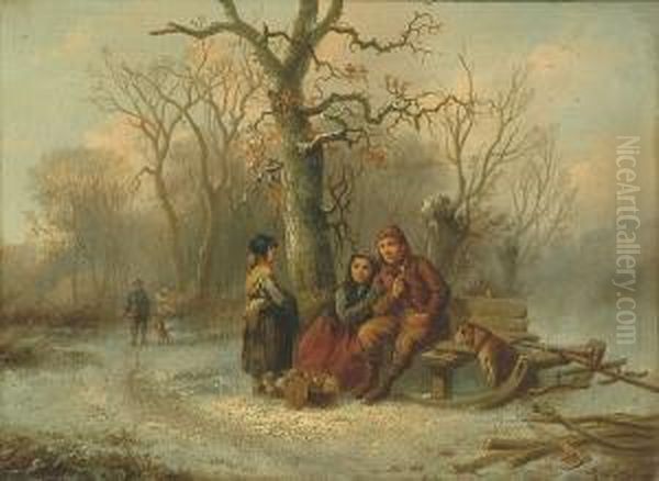A Snow Scene With A Woodman Pausing For Lunch Oil Painting by Alexis de Leeuw