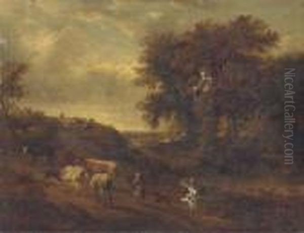 A Wooded Landscape With A Herdsman And His Cattle On A Track Oil Painting by Loutherbourg, Philippe de