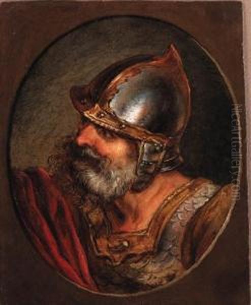 Head Of A Roman Soldier, In A Painted Oval
Signed And Dated 'p.de Loutherbourg.pinx 1769.' Oil Painting by Loutherbourg, Philippe de