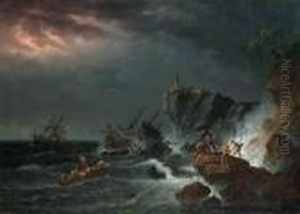 A Rocky Coast In A Storm With A 
Shipwrecked Sailing Boat Andfishermen Casting A Rope To A Rowing Boat In
 Peril Oil Painting by Loutherbourg, Philippe de