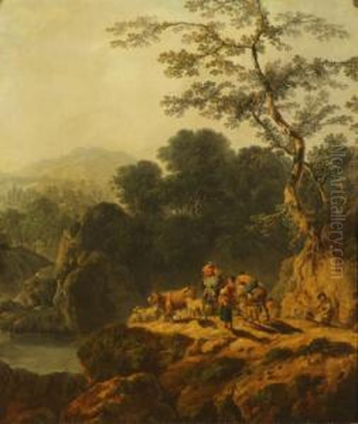 River Valley Landscape With 
Herdsman And Travellers,mules Cattle And Sheep On A Cliff Top Path, 
Trees And Mountainsbeyond Oil Painting by Philip Jacques de Loutherbourg