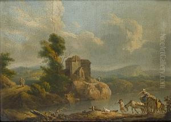 A River Landscape With A Horse 
And Cart Foundering On A Country Path; And A Wooded Landscape With A 
Horse And Cart Fording A River Oil Painting by Philip Jacques de Loutherbourg