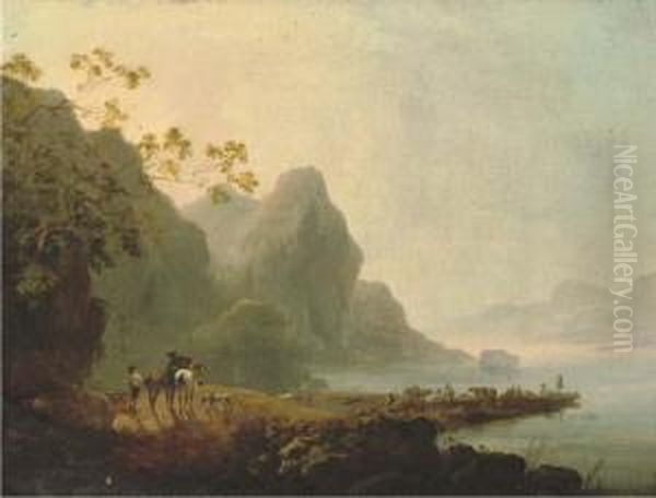 Wooded Lakeside Landscape With 
Figures And Horses In The Foregroundand Figures, Livestock And A Ferry 
Beyond Oil Painting by Philip Jacques de Loutherbourg