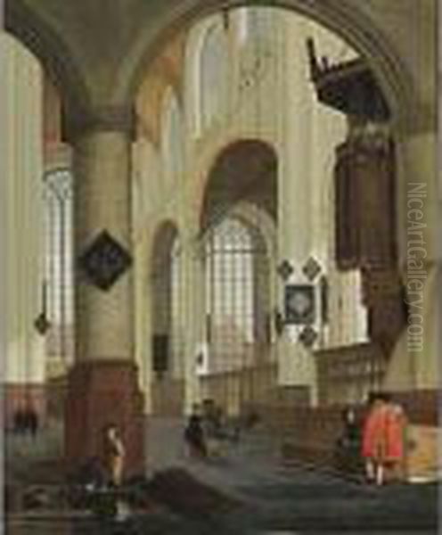 The Interior Of The Oude Kerk In
 Delft, From The Southern Aisle To The Northern Transept, With Elegant 
Couples, And Men Digging In The Foreground Oil Painting by Cornelis De Man