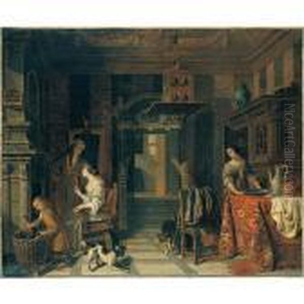 Interior Of An Elegant Townhouse
 With A Lady And Gentleman Beside A Fire, A Servant Stacking Logs And A 
Maid Beside A Table Oil Painting by Cornelis De Man