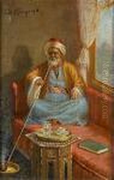 A Turk Smoking The Oil Painting by Leonardo De Mango
