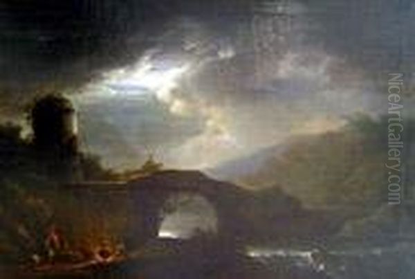 Paesaggio Notturno Con Ponte,
Fiume E Figure Oil Painting by Alessio De Marchis