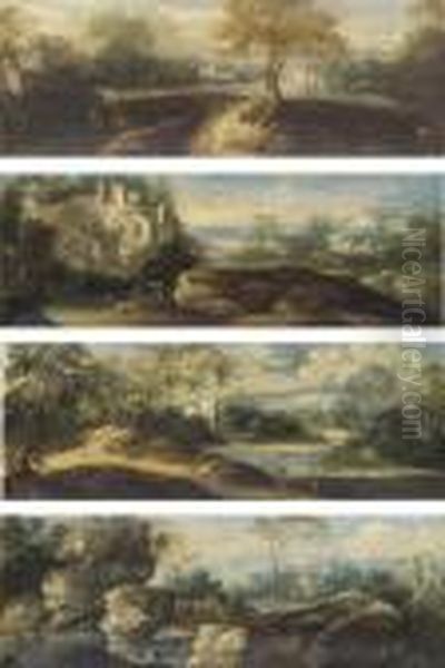 An Extensive Landscape With A 
Elegant Company On A Path And A Villa Beyond; A Wooded River Landscape 
With Travellers On A Path, A Town Beyond; A Mountainous River Landscape 
With A Traveller Crossing A Bridge; A Wooded River Landscape With 
Travelle Oil Painting by Alessio De Marchis