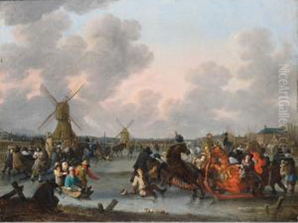 Ice Skaters And A Decorated 
Horse-drawn Sleigh On A Frozen River With Windmills And A Town Beyond Oil Painting by Hendrick De Meijer