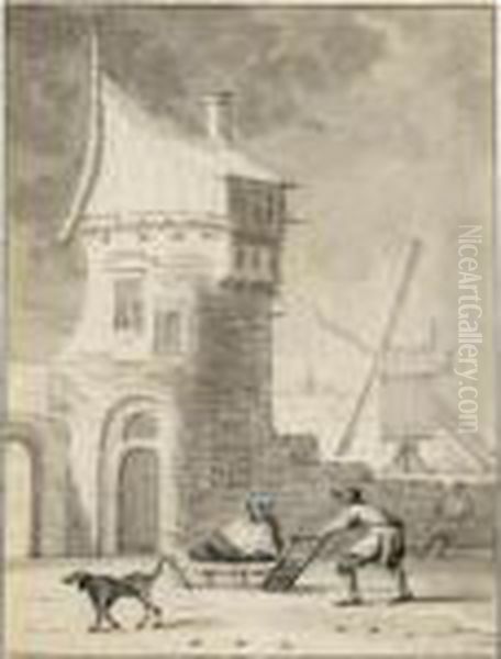 A Pair Of Summer And Winter 
Scenes: A Man Pushing A Woman On A Sledge, A Town Gate And Windmill 
Beyond; A Shepherd Driving His Flock Though A Gate Into A Field Oil Painting by Hendrik Meijer