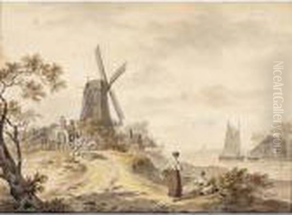A Horsedrawn Cart With A Family 
Before A Windmill, Two Women Near The River, A Village In The Background Oil Painting by Hendrik Meijer