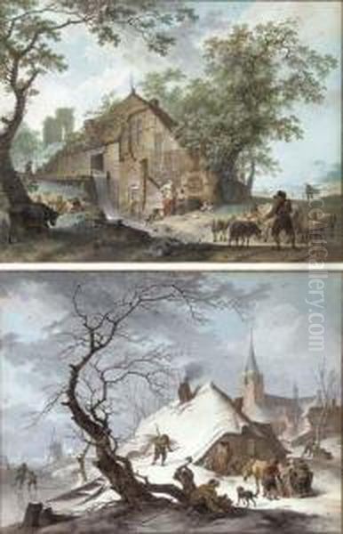 A Thatched Mill By A Stream With
 A Shepherd And His Flock, A Dutchtown In The Background; And A Thatched
 House Under Snow By A Frozenlake, A Church In The Background Oil Painting by Hendrik Meijer