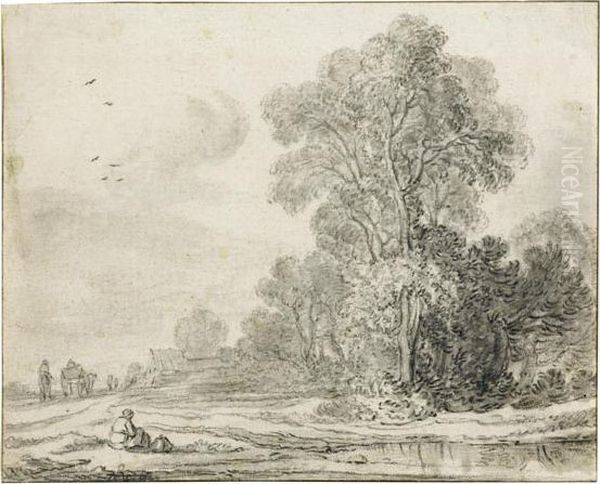 Landscape With Peopleresting By A River, 
With Team Of Horses In Thebackground. Oil Painting by Pieter De Molijn