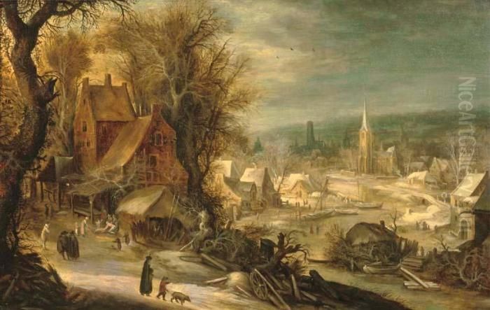 A Winter River Landscape With Figures On The Outskirts Of A Village Oil Painting by Frans de Momper