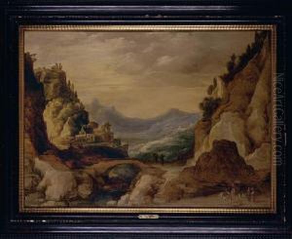 Mountainous Landscape With A 
Three-horse Cart In The Foreground Travellers 
Beside A Bridge And A Clifftop Town Beyond Oil Painting by Frans de Momper