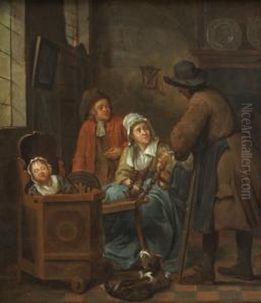 Interior Withwoman At The 
Spinning-wheel, Next To Her A Man Leaning On A Chair.on The Left A 
Little Child Sleeping In Its Chair Oil Painting by Louis de Moni