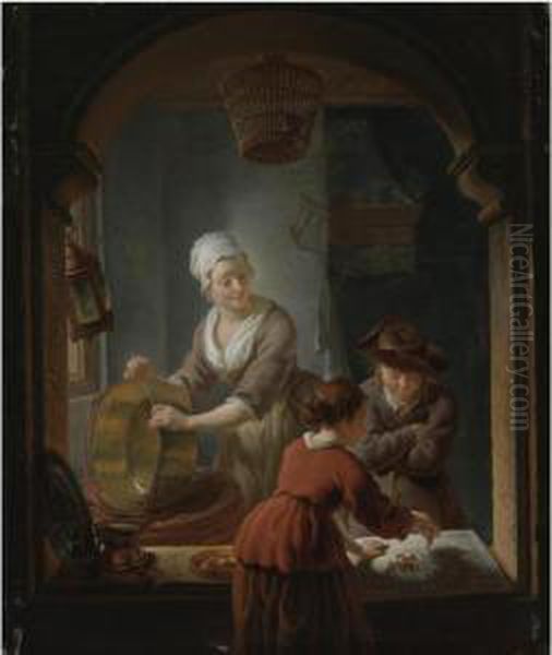 An Interior With A Kitchen Maid 
Cleaning A Copper Pot And A Youth And Young Woman Playing Jeu De L'oie Oil Painting by Louis de Moni