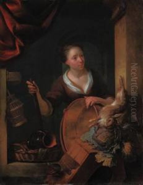 A Kitchen Maid Before A Niche, 
With A Copper Basin, A Dead Hare, Acabbage, A Hutch And Other Objects Oil Painting by Louis de Moni