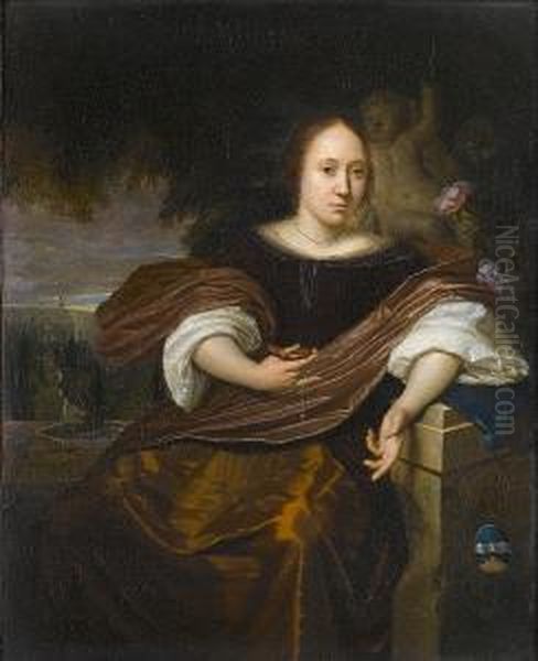 Portrait Of A Lady, 
Three-quarter Length, In A Purple And Gold Dress, Holding A Watch, 
Seated Beside A Plinth With A Formal Garden And Country House Beyond Oil Painting by Karel De Moor