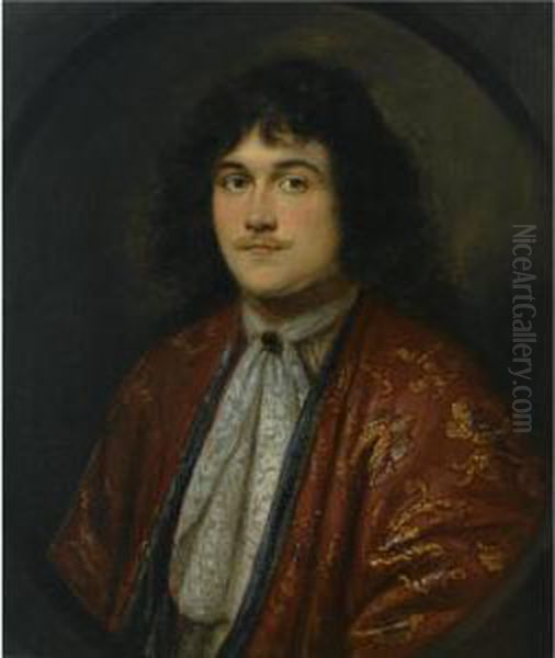 A Portrait Of A Gentleman, Bust 
Length, Wearing An Embroidered Red Robe With A White Chemise, In A 
Painted Oval Oil Painting by Karel De Moor
