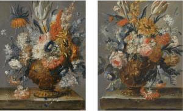 A Still Life With A Tulip, An 
Imperial Crown, Roses, A Sunflower And Other Flowers In A Classical 
Vase, On A Stone Ledge;
 A Still Life With Tulips, Roses, Morning Glory, A Sun Flower And Other 
Flowers In A Classical Vase, On A Stone Ledge Oil Painting by Karel De Moor