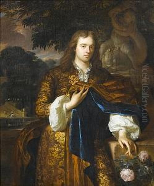 Portrait Of A Gentleman, 
Three-quarter-length, In A Brown Coat With A Blue Wrap, Standing Before A
 Stone Statue, A Young Couple In A Park Landscape Beyond Oil Painting by Karel De Moor