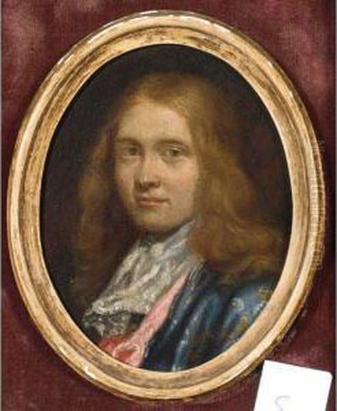 A Portrait Of A Gentleman, Head 
And Shoulders, Wearing A Blue Japanese Cloak And A White Scarf Oil Painting by Karel De Moor