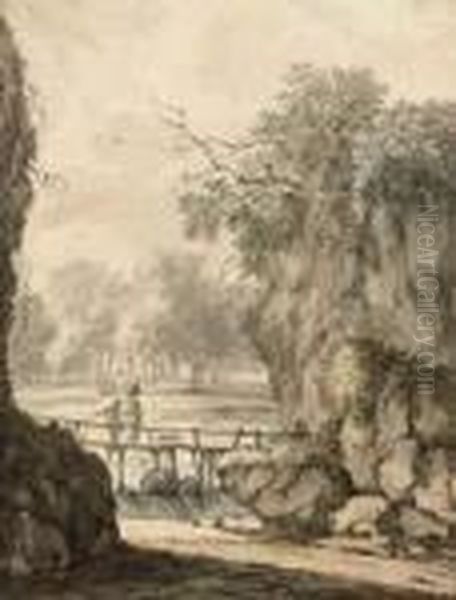 A Rocky River Landscape With Two Figures Crossing A Bridge Oil Painting by Isaac de Moucheron
