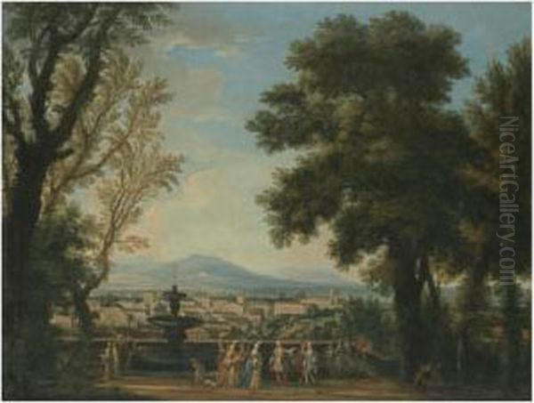 An Extensive Italianate Landscape With Elegant Figures On A Terrace Overlooking A Town Oil Painting by Isaac de Moucheron
