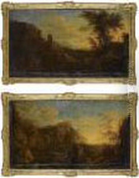 A Southern Mountainous Landscape
 With A Herdsman Playing Flute Withtravellers Passing A Bridge In The 
Background Oil Painting by Isaac de Moucheron