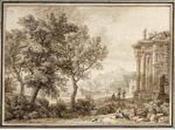 A View Of A Southern Harbour 
With Figures Near A Classical Building And Mountains In The Background Oil Painting by Isaac de Moucheron