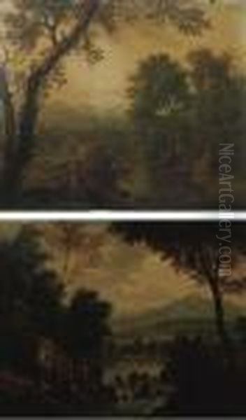 Paesaggio Arcadico Con Lavandaia
 Presso Un Corso D'acqua; Epaesaggio Arcadico Con Pastore Oil Painting by Isaac de Moucheron