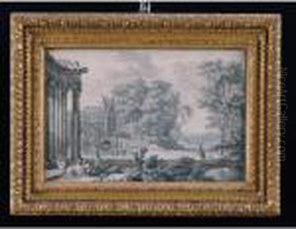 Paesaggio Con Palazzo Colonnato E
 Figure In Primo Piano, Un Palazzo In Lontananza; Paesaggio Costiero Con
 Ruine E Figure In Primo Piano, Barche In Lontananza Oil Painting by Isaac de Moucheron