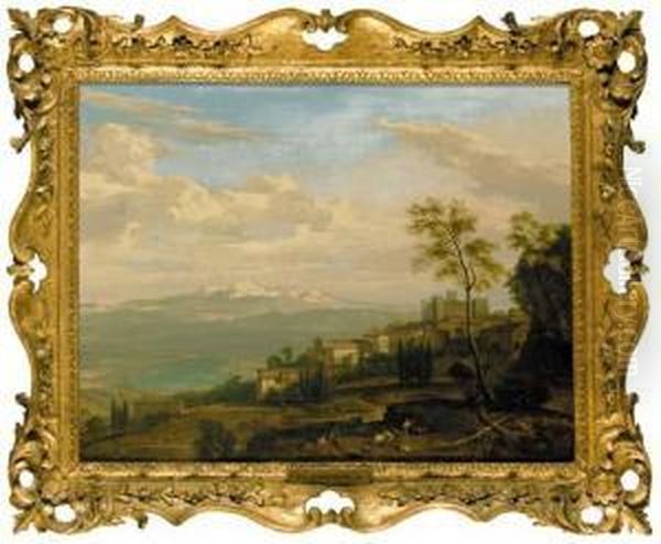 An Extensive Italianate 
Landscape With Shepherds And Shepherdesses Resting Before A Hilltop Town Oil Painting by Isaac de Moucheron