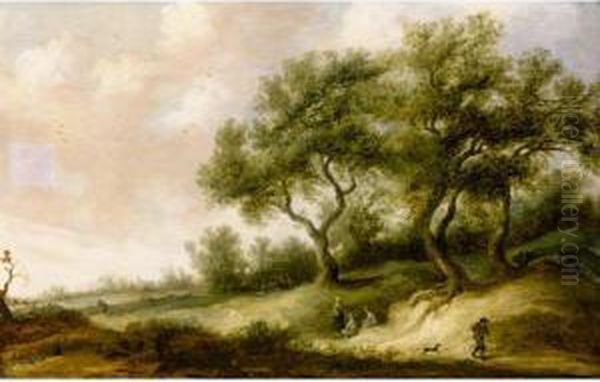 A Dune Landscape With A Traveller And His Dog, Further Figures And A Church Beyond Oil Painting by Pieter de Neyn