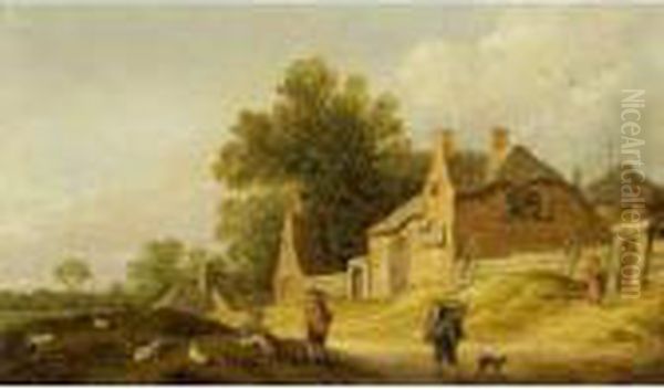 A Landscape With A Traveller And
 A Dog On A Path Near A Village And Shepherds With Their Flock In The 
Foreground Oil Painting by Pieter de Neyn