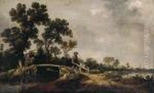 A Horseman And A Peasant With A Wheel-barrow On A Bridge In A Riverlandscape Oil Painting by Pieter de Neyn